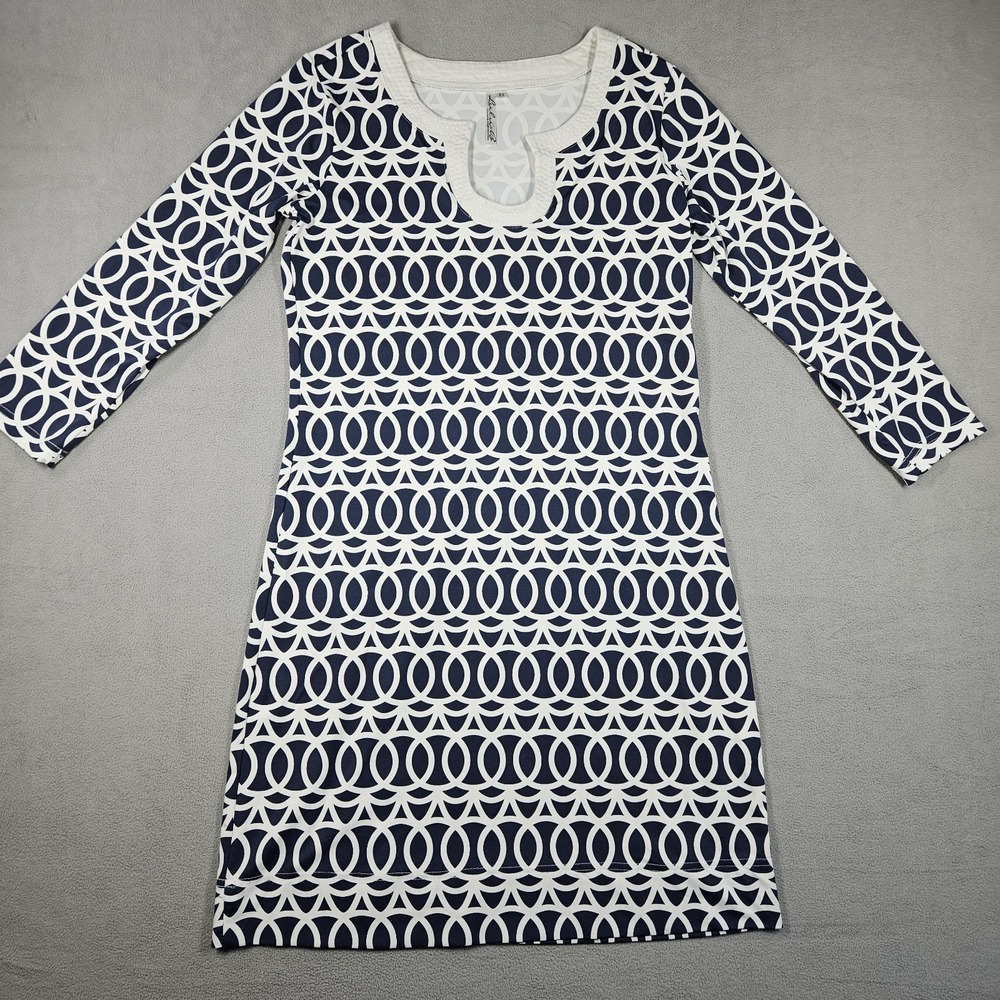 Lulu-B Dress Womens Size XS Blue White Geometric Print 3/4 Sleeve Shift Preppy